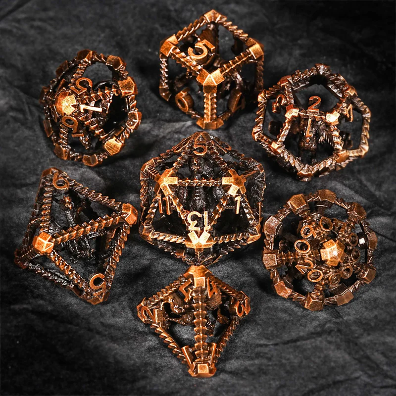 Antique Gold Metal Hollow 3D Dragon D&D Dice Set