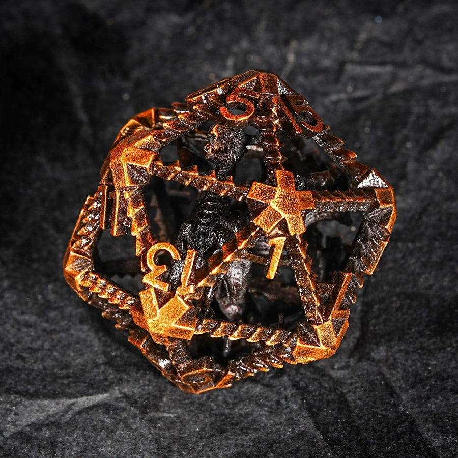 Antique Gold Metal Hollow 3D Dragon D&D Dice Set