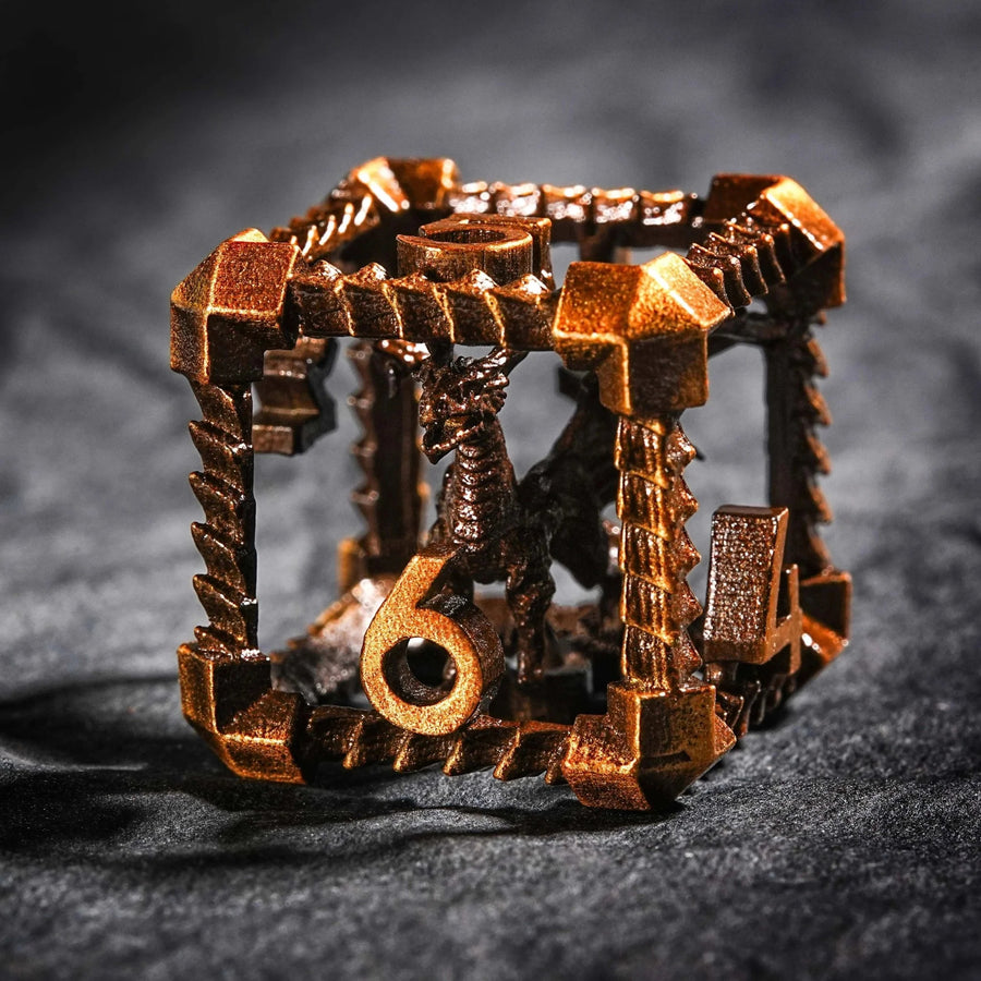 Antique Gold Metal Hollow 3D Dragon D&D Dice Set