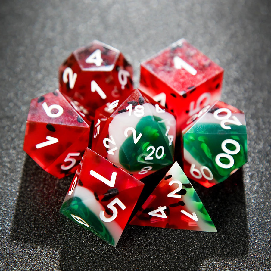 Beach Party - Watermelon Resin DND Dice Set + White Numbers