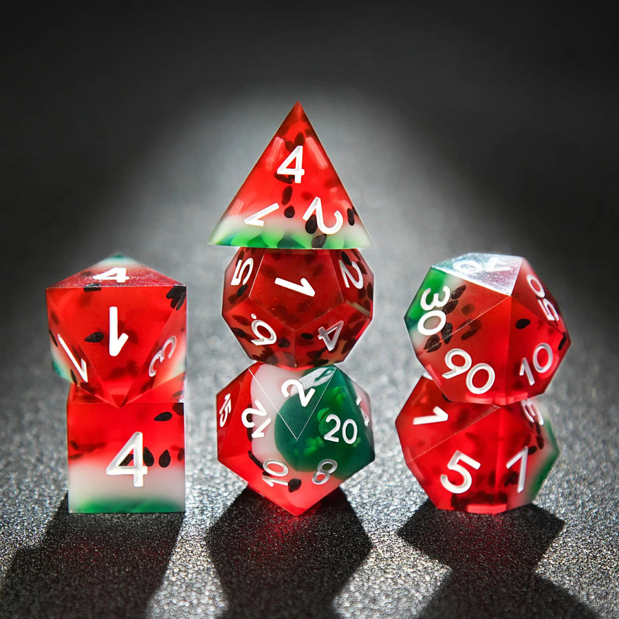 Beach Party - Watermelon Resin DND Dice Set + White Numbers