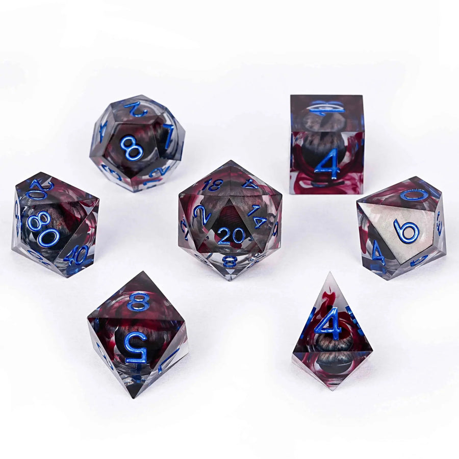 Blood-stained Black Dragon Eye Liquid Core Resin Polyhedron DND Dice Set + Blue Font