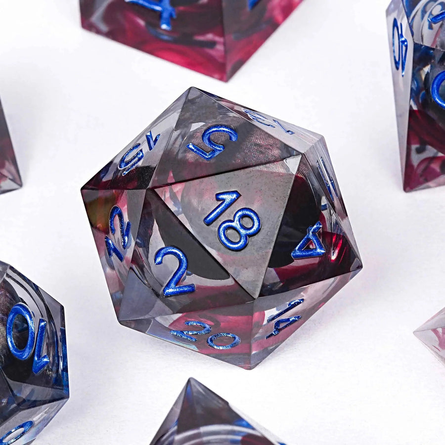 Blood-stained Black Dragon Eye Liquid Core Resin Polyhedron DND Dice Set + Blue Font