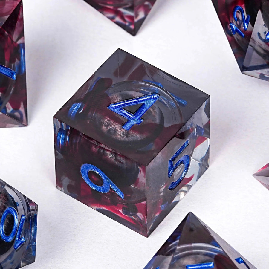 Blood-stained Black Dragon Eye Liquid Core Resin Polyhedron DND Dice Set + Blue Font