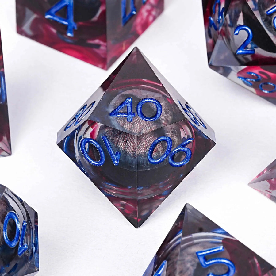 Blood-stained Black Dragon Eye Liquid Core Resin Polyhedron DND Dice Set + Blue Font