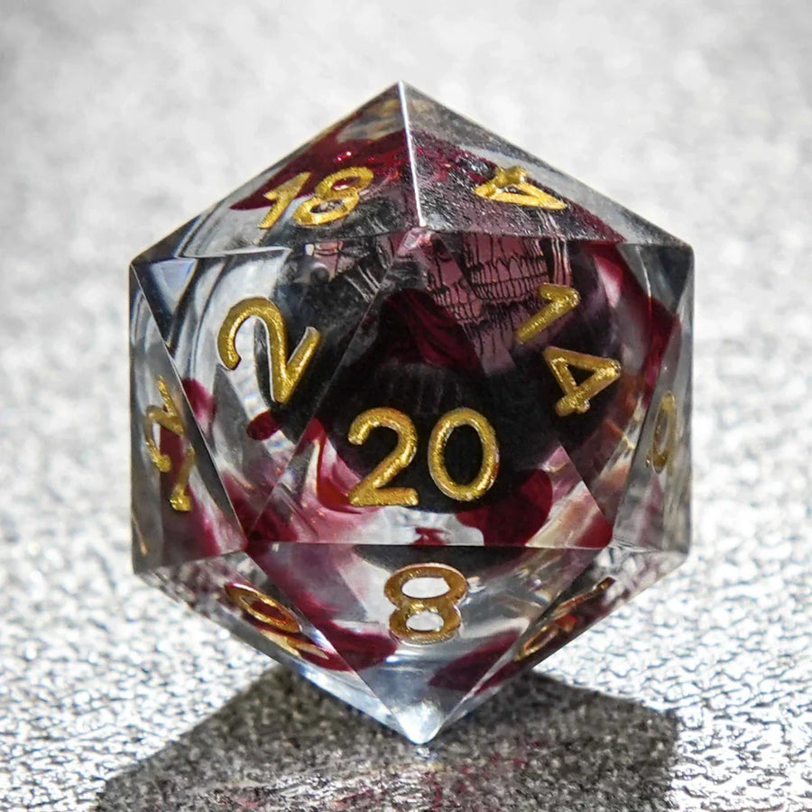 Blood Red Skull Core Resin DND Dice Set + Gold Font