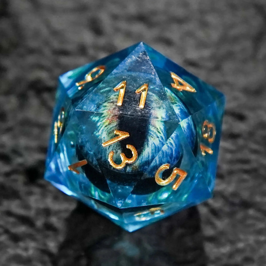 Blue Dragon's Eye Liquid Core Resin DND Dice Set + Gold Numbers