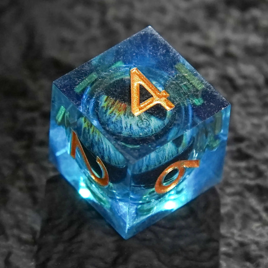 Blue Dragon's Eye Liquid Core Resin DND Dice Set + Gold Numbers