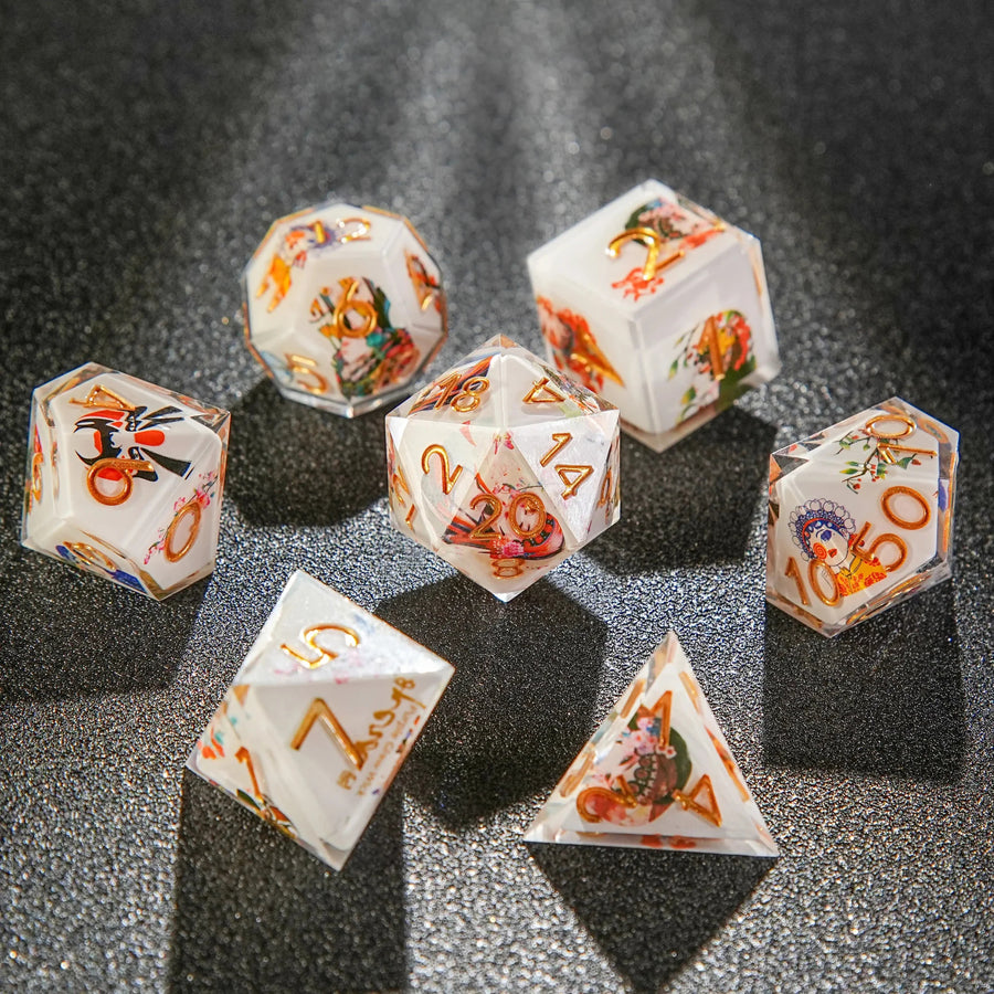 Chinese Style Elements-Peking Opera White Resin Dice Set + Gold Numbers