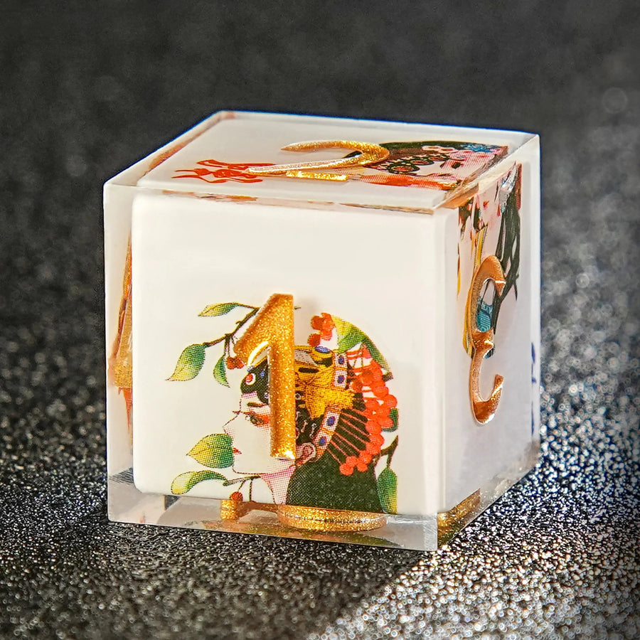 Chinese Style Elements-Peking Opera White Resin Dice Set + Gold Numbers