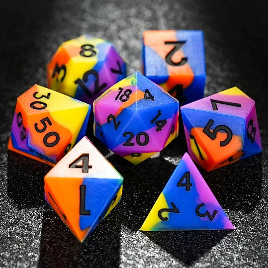 Colorful mixed color board game silicone polyhedron dice set + purple numbers