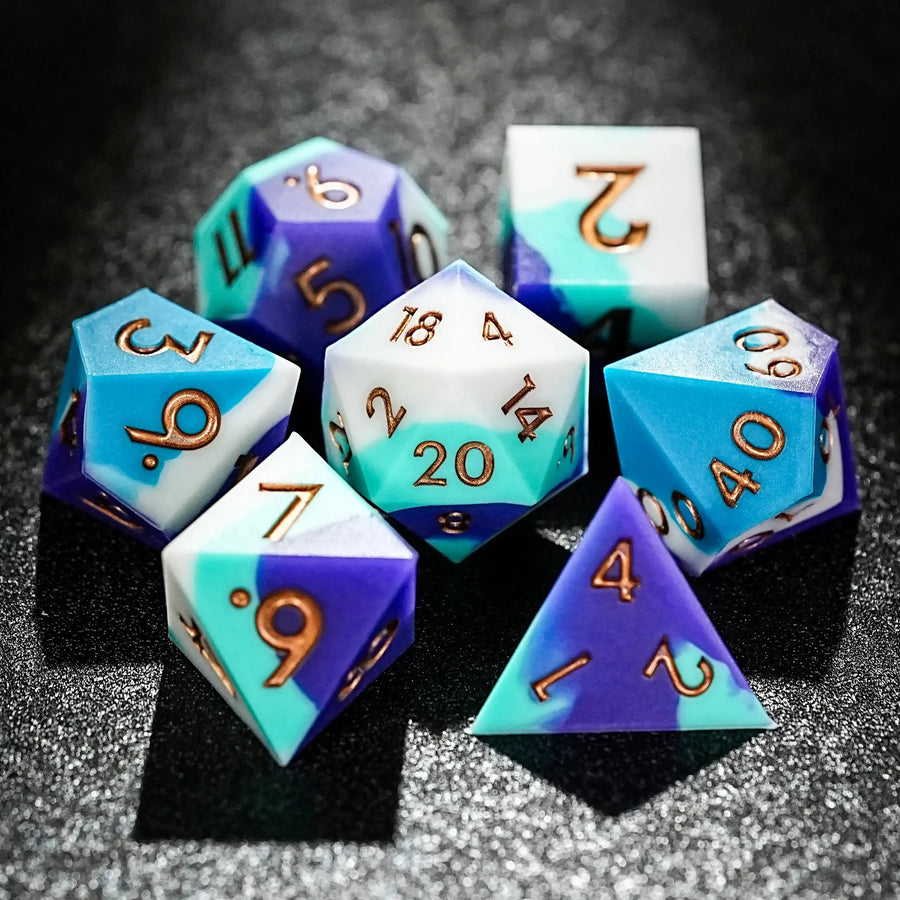 Colorful mixed color board game silicone polyhedron dice set + purple numbers