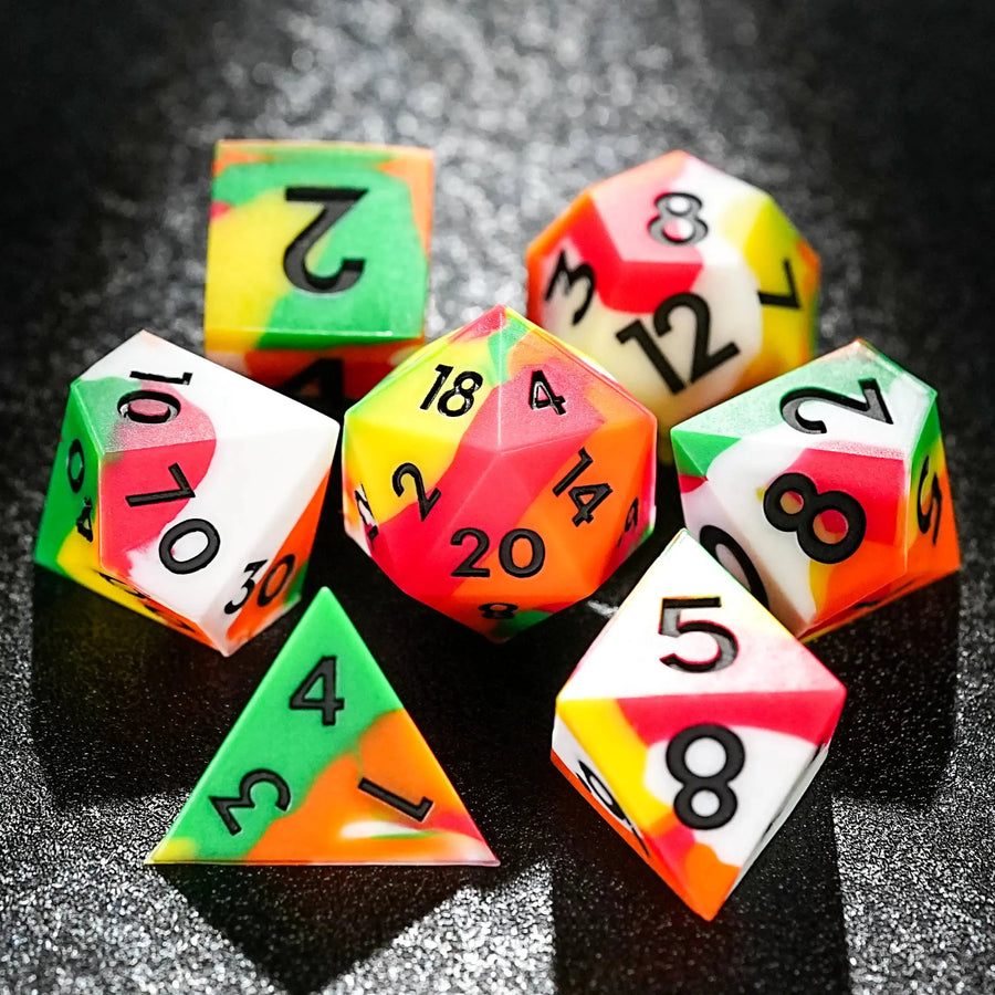 Colorful mixed color board game silicone polyhedron dice set + purple numbers