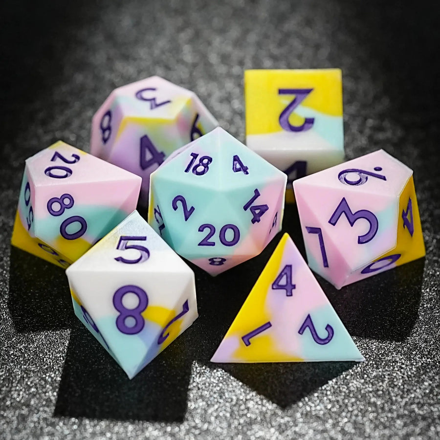 Colorful mixed color board game silicone polyhedron dice set + purple numbers