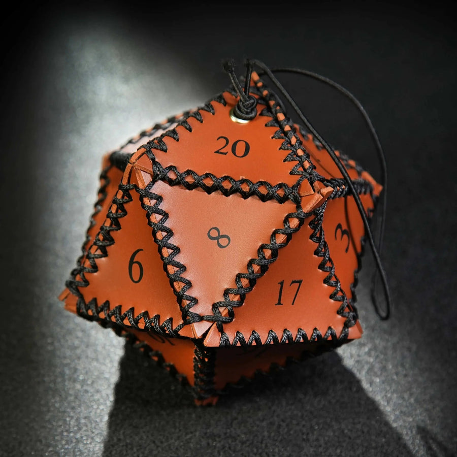 D20 Polygon Brown Leather Dice Drawstring Bag