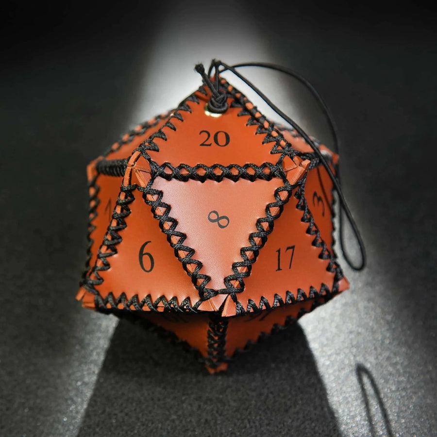 D20 Polygon Brown Leather Dice Drawstring Bag