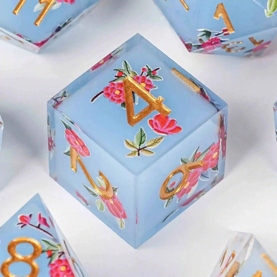 Light blue resin light red flower DND dice set + gold font