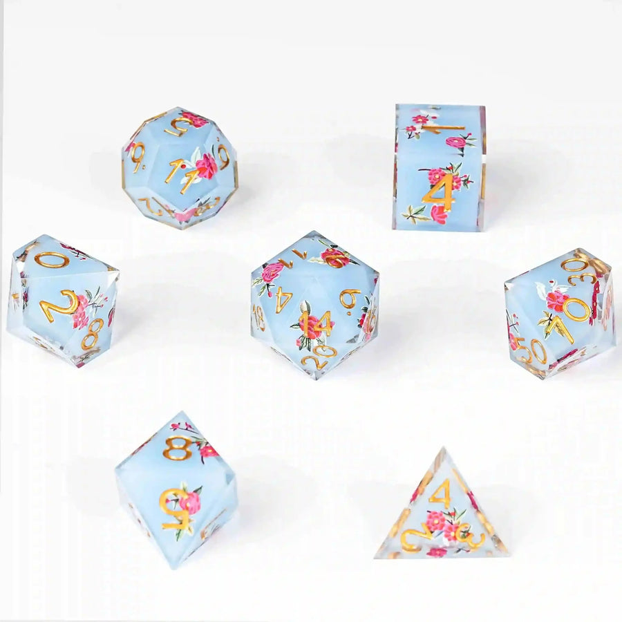 Light blue resin light red flower DND dice set + gold font