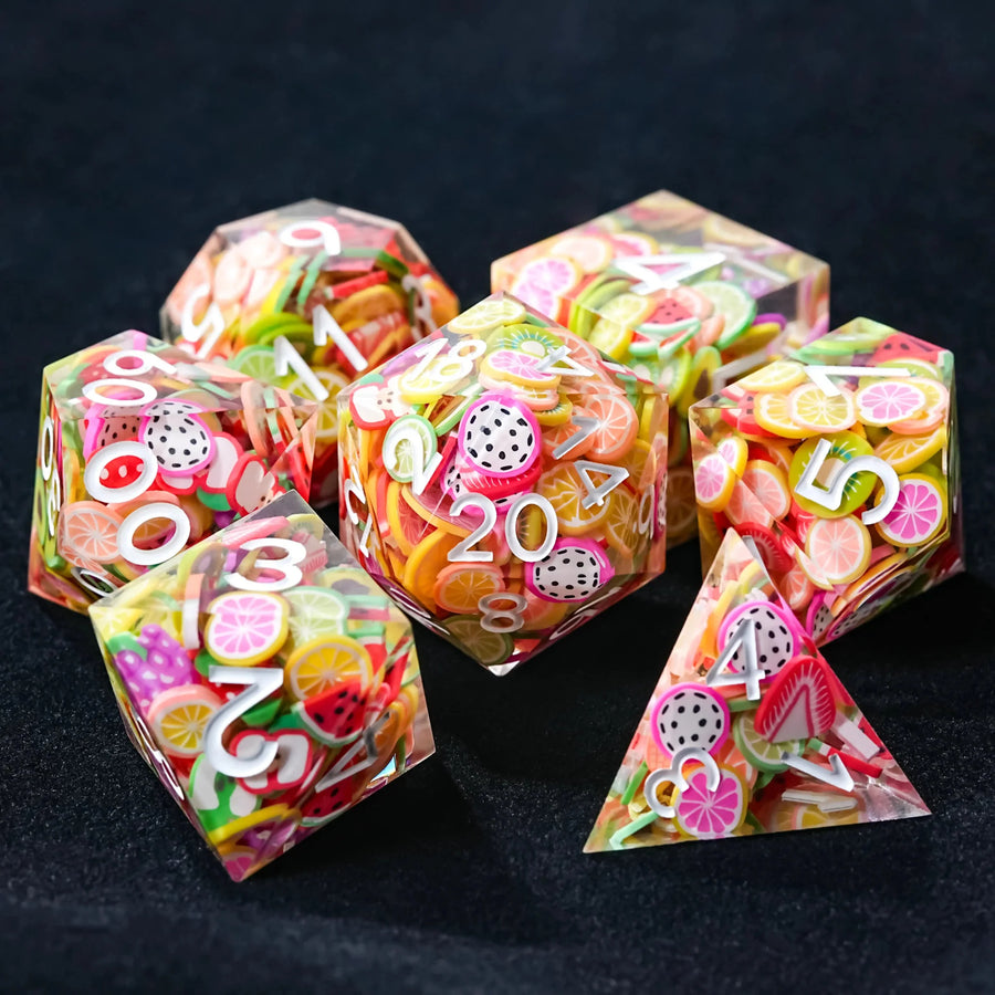Handmade Fruit Resin Polyhedron D&D Dice Set - TRPG Game Dice