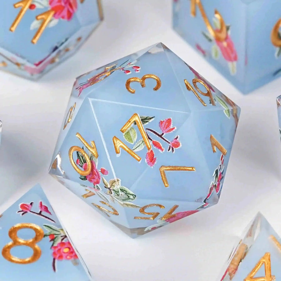 Light blue resin light red flower DND dice set + gold font