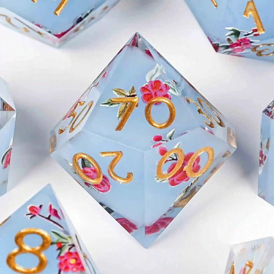 Light blue resin light red flower DND dice set + gold font
