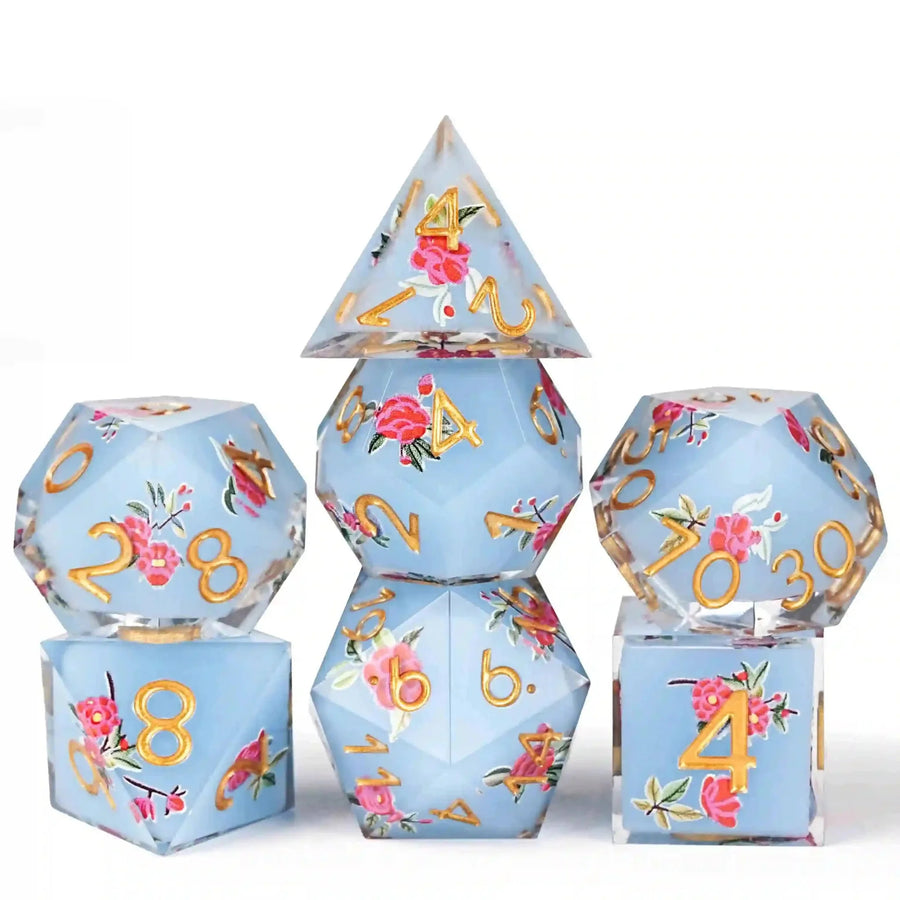 Light blue resin light red flower DND dice set + gold font