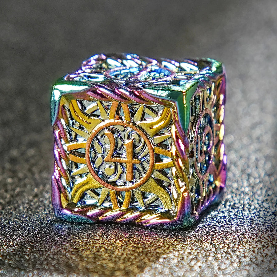 Metal solid sun pattern silver border red yellow dice set