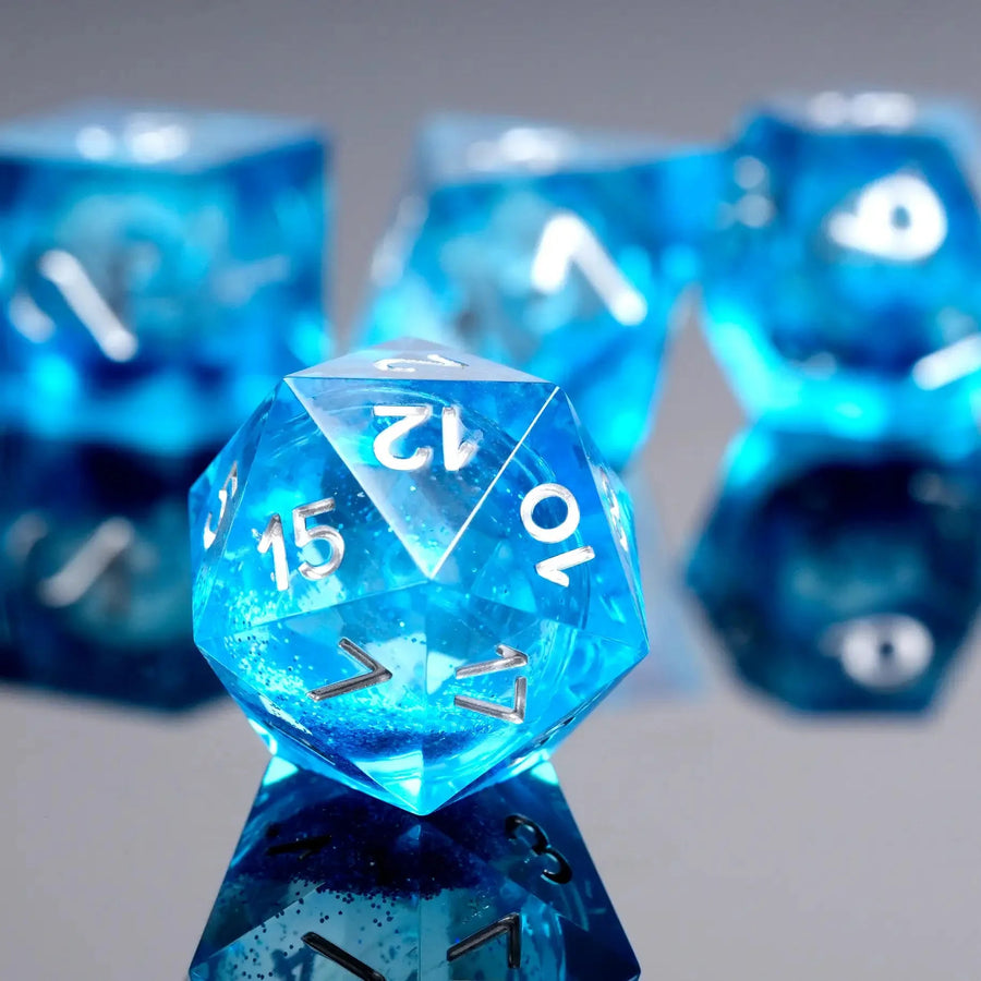 Ocean Theme - Liquid Core Resin DND Dice Set + Silver Font