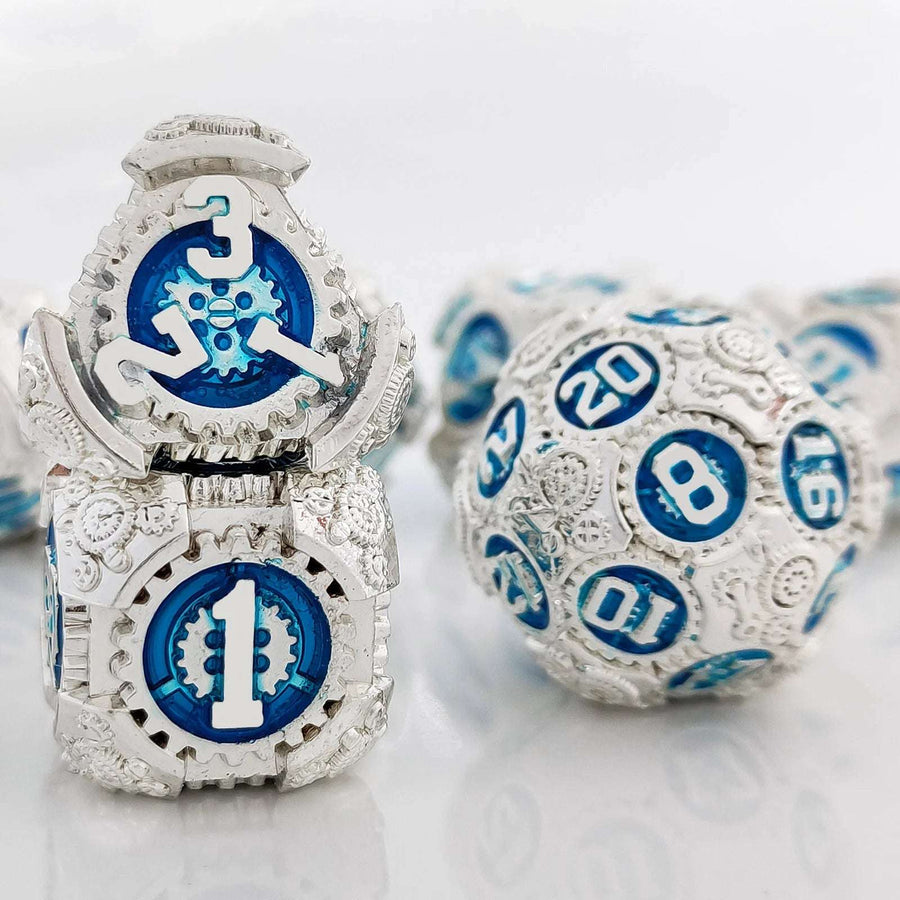 Silver and blue gear solid metal unique dnd dice set