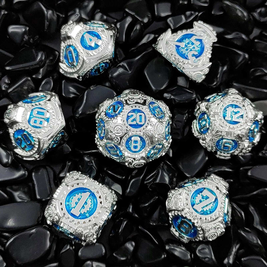 Silver and blue gear solid metal unique dnd dice set