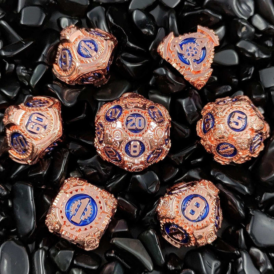 Steampunk Style - Gear Metal DND Dice Set Red Copper Treasure Blue