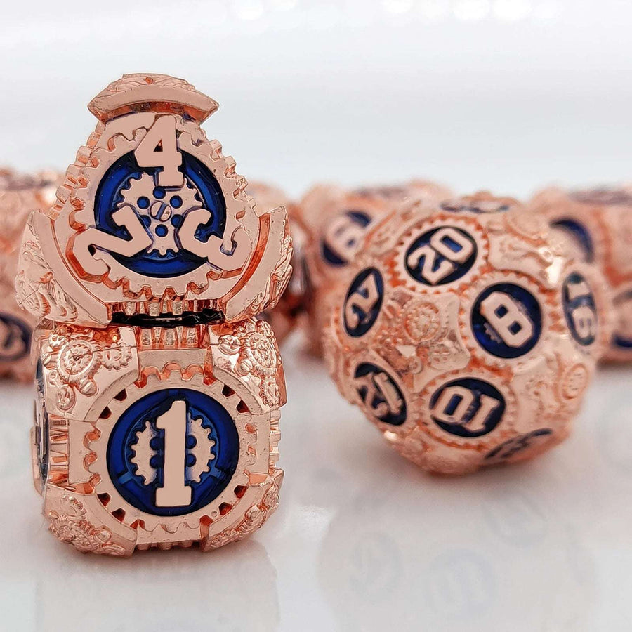 Steampunk Style - Gear Metal DND Dice Set Red Copper Treasure Blue