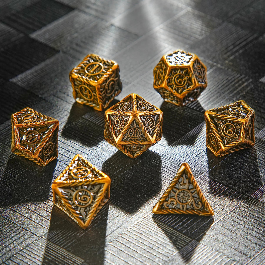 Vintage Sun Pattern Antique Gold Solid Metal RPG Dice Set